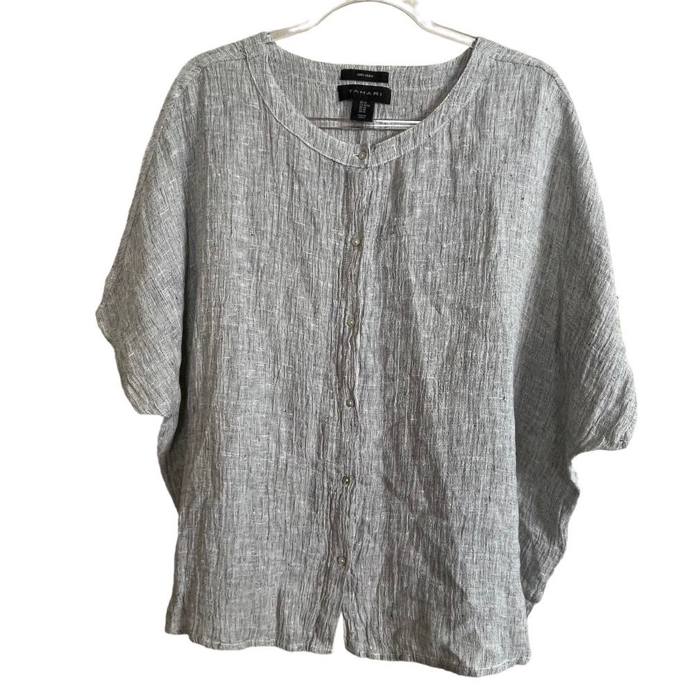 Tahari M Gray Linen Button Up Oversized Top Minimalist Coastal‎ Resort